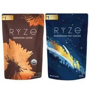 imageRYZE SUPERFOODS Day  Night Bundle with Mushroom Coffee and RYZE Hot Cocoa USDA Organic Mushroom Coffee with 6 Adaptogenic Mushrooms ampamp MCT Oil Hot Cocoa Keto Sleep Aid with Melatonin 3020 Serving