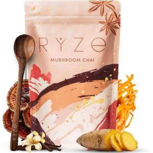 imageRYZE SUPERFOODS Mushroom Chai with 6 Organic Adaptogenic Mushrooms for Better Energy Focus Digestion Immunity with USA Grown Lions Mane Turkey Tail Shiitake Reishi  Gluten Free 20 Servings