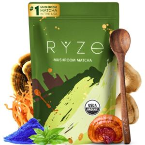 imageRYZE SUPERFOODS Mushroom Matcha USDA Organic with 6 Adaptogenic Mushrooms and CeremonialGrade Matcha for Energy Focus Digestion Immunity with Turkey Tail Shiitake Lions Mane 30 servings30 Servings