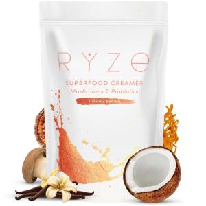 imageRYZE SUPERFOODS Probiotic Coffee Creamer with 6 Organic Adaptogenic Mushrooms ampamp Probiotics for Energy Focus Digestion with USA Grown Turkey Tail Shiitake Lions Mane Reishi Gluten Free 30 serving