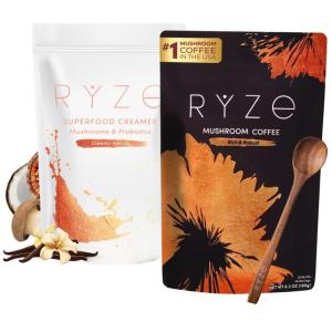 imageRYZE SUPERFOODS Dark Roast RYZE n Shine Bundle Instant Mushroom Coffee  Probiotic Coffee Creamer with 6 Adaptogenic Mushrooms PrebioticProbiotic Blends Energy Focus Digestion Immunity 30 sv each